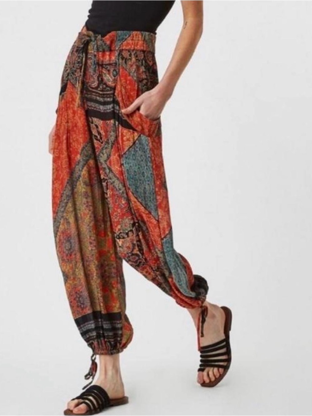 Free People Begonia Balloon harem pants featuring a vibrant patchwork boho pants